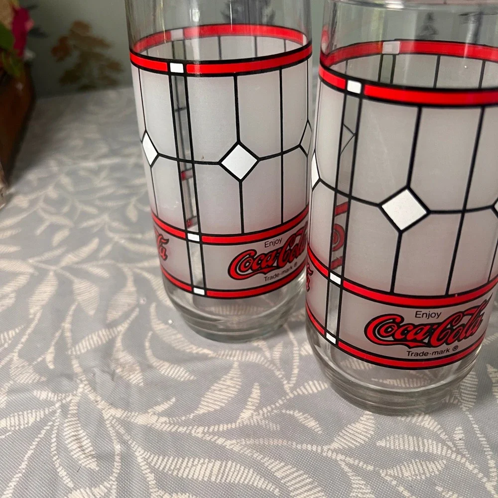 Vtg Coca-Cola Stained Glass Style Drinking Glasses Set of 2 Frosted Red White
